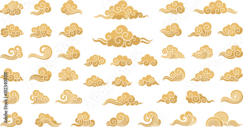 Golden cloud vector set, traditional Asian swirl motifs, decorative cloud elements, Chinese Japanese Korean art style, ornate cultural design collection