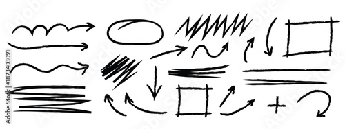 Doodle arrows, lines, shapes icon vector. Black hand drawn chalk marker stripes, highlighters and underlines. arrows, wavy lines, straight lines, circles, squares symbol. vector illustration.