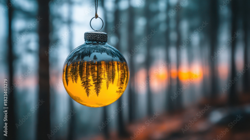 custom made wallpaper toronto digitalGlass ornament reflects forest scene with warm sunset glow, creating serene and magical atmosphere. blurred background enhances focus on ornament intricate details