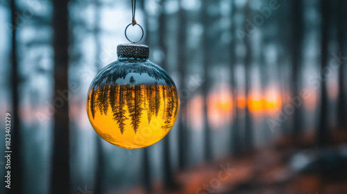 Wallpaper Mural Glass ornament reflects forest scene with warm sunset glow, creating serene and magical atmosphere. blurred background enhances focus on ornament intricate details Torontodigital.ca