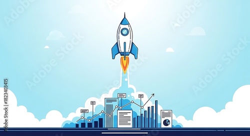Rocket launch with vibrant charts symbolizing business growth and successful startup, soaring to new heights with dynamic financial reports on bright blue sky