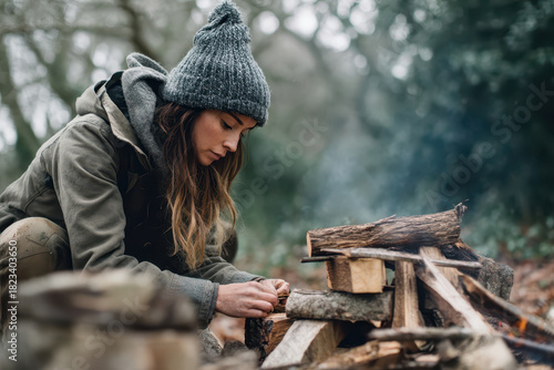 Wallpaper Mural Woman in winter hat and jacket is building campfire in forest, surrounded by logs and trees. scene conveys sense of focus and outdoor adventure Torontodigital.ca