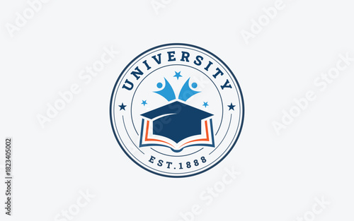 University Seal Education Vector Logo Illustration, Circle Badge with Graduation Cap, Stars and Open Book