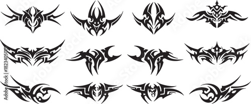 Discover a versatile collection of striking tribal art designs, showcasing abstract, symmetrical, and ornamental patterns with bold, flowing, and sharp aesthetics for modern graphic projects