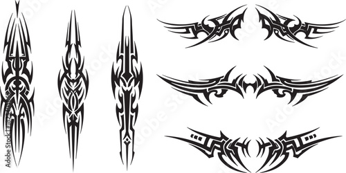 Stylized tribal art collection featuring sharp, symmetrical vector designs for tattoos, decals, and graphic decoration