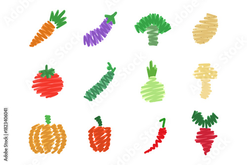 A collection of various sketched vegetables displayed in vibrant colors