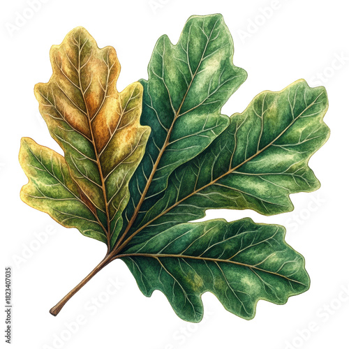 watercolor oak leaf, green and yellow clip art preview