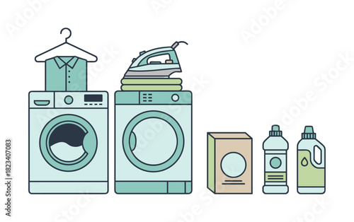 Laundry chores with washing machines and cleaning supplies