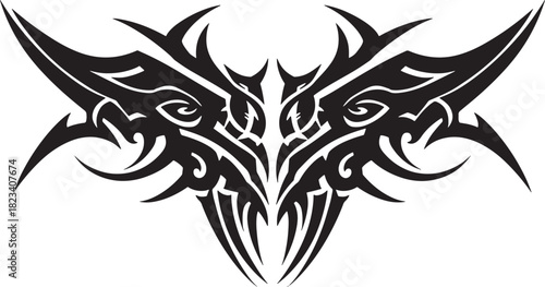 Abstract symmetrical vector illustration of tribal art. A sharp, pointed ethnic tattoo design resembling demonic wings or a fantasy creature