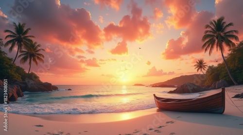 Idyllic tropical beach at sunset with palm trees and a small boat