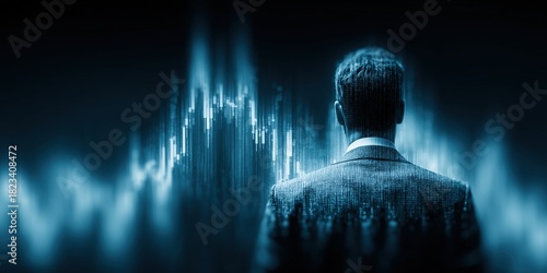 Silhouette of a businessman and blue stock chart lines
