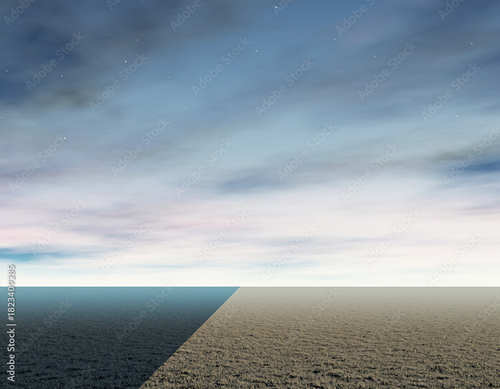 Obraz premium Serene Landscape Dramatic Sky and Desert Terrain, Peaceful Scene, Empty Space, Blue Sky, Horizon Line, Evening, Stars, Nature Background.