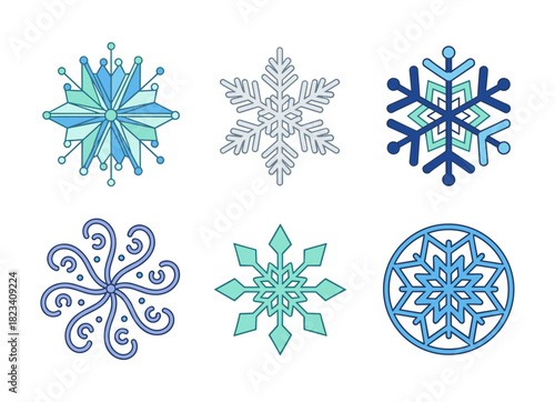 Collection of blue and turquoise color snowflakes in various designs
