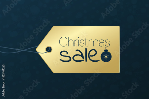 Christmas sale vector shopping tag. Snowflakes background. Blue gold gradient illustration for business, shop, advertising, web design, marketing, retail, best offer, winter discount