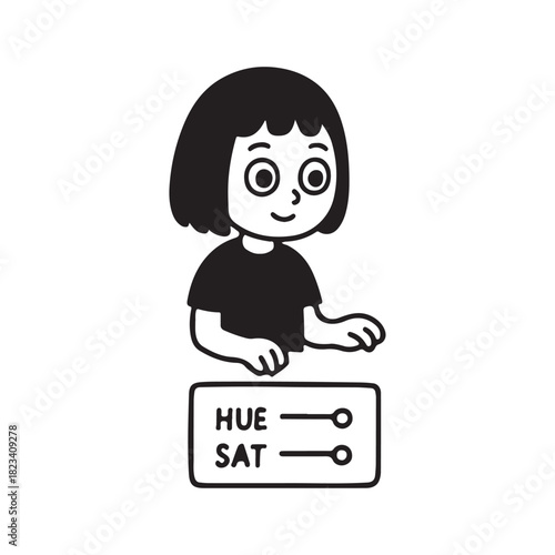 Cartoon girl adjusting hue and saturation settings on a device.