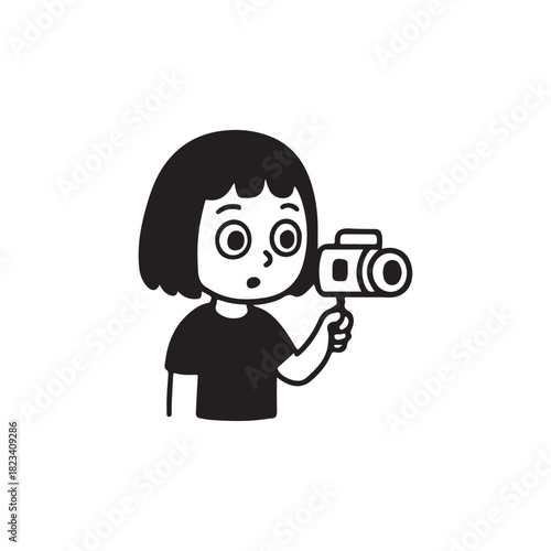 A simple black and white cartoon drawing of a girl holding a camera.