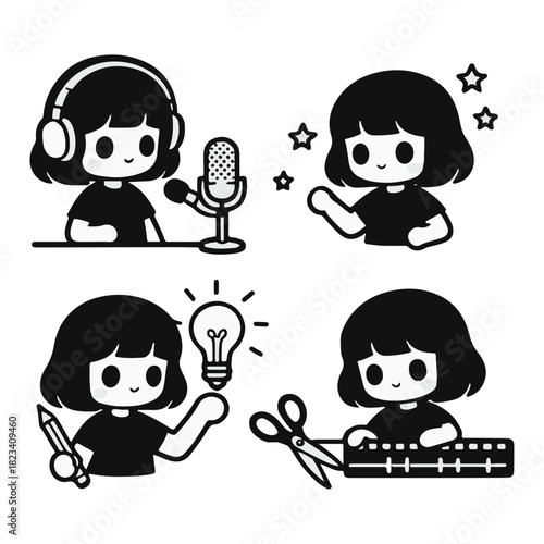 Cute Cartoon Girl Engaged in Creative Activities Set.