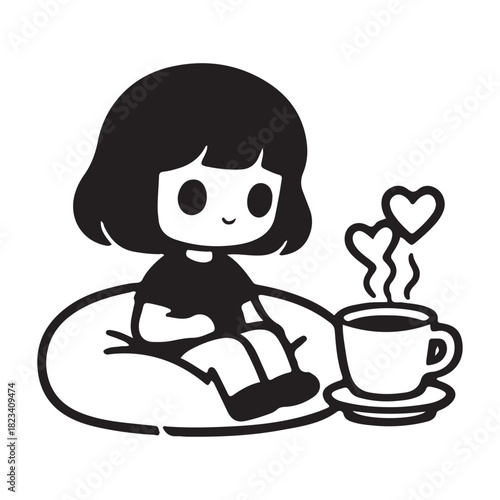 Girl enjoying coffee relaxing on a beanbag simple illustration.