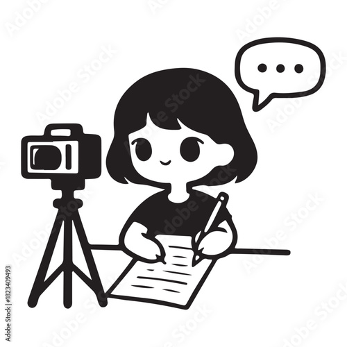 Cute Cartoon Girl Vlogging and Writing Content.