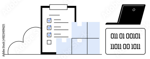 Checklist with checkmarks, stack of boxes, open laptop, and binary code representing digital data. Ideal for logistics, inventory control, shipping, cloud data, efficiency tracking simple flat
