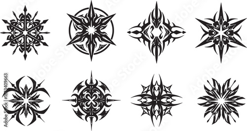 Eight striking tribal art designs with abstract geometric patterns in black and white