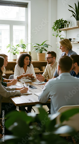 Diverse Coworkers Discussing Sustainable Business Strategies in a Modern Eco-Friendly Office