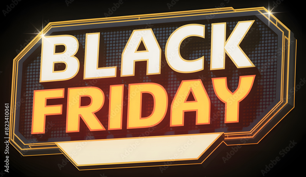 Obraz premium Bold black friday sign with glowing letters promoting holiday sales and discounts on a dark background