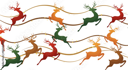 Festive illustration featuring a repeating pattern of colorful reindeer leaping across wavy golden lines.