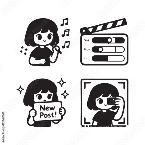 Cute girl character icon set for social media content creation.