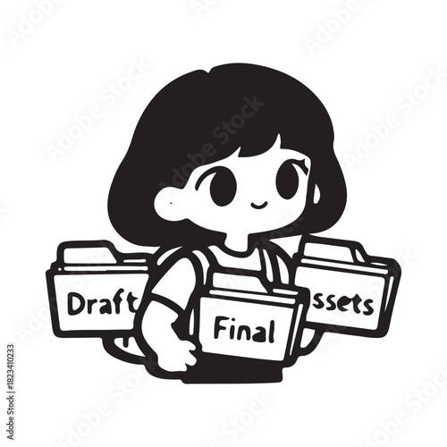 Cartoon girl holding folders representing different stages of work.
