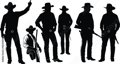 Vintage Western Frontier Cowboys Silhouettes Collection, Group of Male Figures in Classic Old West Attire, Standing Pose with Hats and Guns, Isolated Vector Graphic Design.