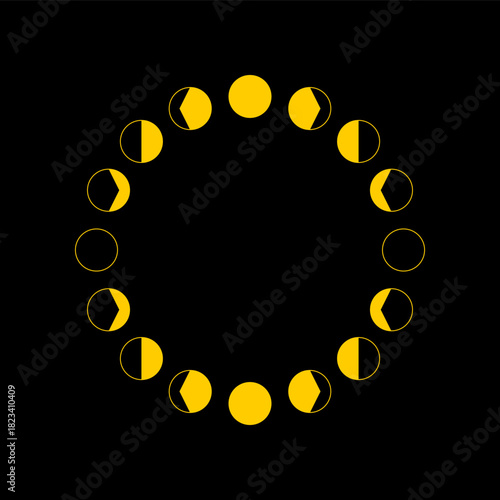 Yellow moon phases different on black background flat vector design