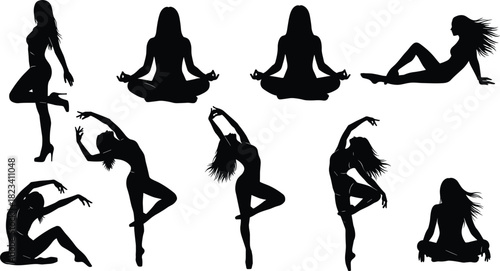 Diverse Female Silhouettes Collection, Elegant Women Posing in Yoga Meditation and Dynamic Dance Movements, Graceful Figures Isolated Vector Graphic Set Element.