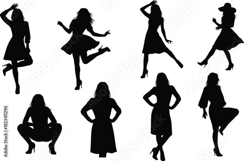Fashionable Women Silhouettes Collection, Group of Female Figures in Various Poses, Dancing, Modeling, and Striking Stylish Attitudes, Isolated Vector Graphic Element.
