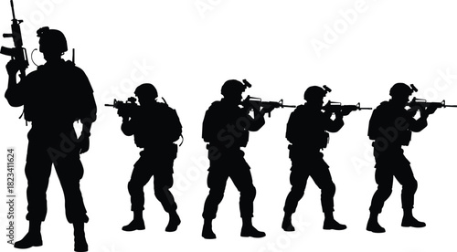Squad of Military Soldiers Silhouettes in Formation Holding Assault Rifles, Ready for Combat Mission, Armed Forces Group Isolated Vector Graphic Design Element.
