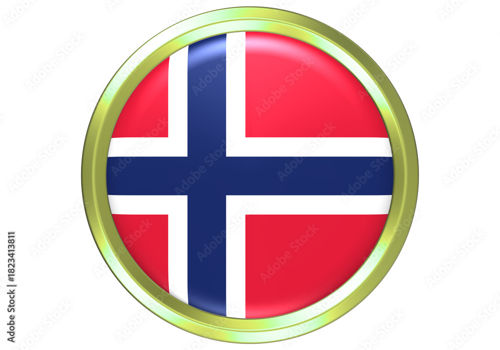 Fototapeta premium Glossy Round Norway Flag Button with Golden Frame, Isolated 3D Render on White Background