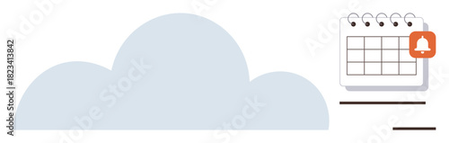 Cloud graphic alongside a calendar with notification bell emphasizing data synchronization, reminders, productivity, and scheduling. Ideal for organization, digital tools, cloud services, planning