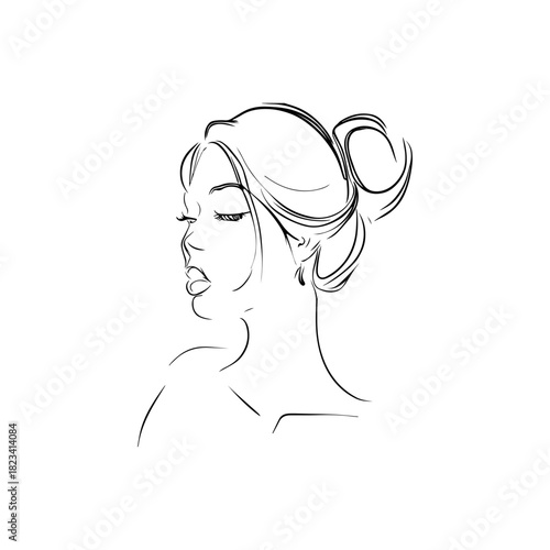 Elegant woman portrait with stylish hair bun, minimalist fashion aesthetic sketch