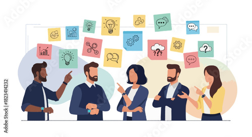 Team brainstorming ideas under digital sticky notes