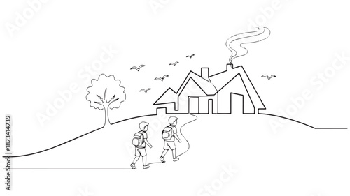 Two children with backpacks walk up a path towards a house with smoke coming from the chimney.