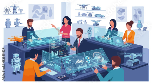 Flat vector Innovation lab with prototypes on digital tables