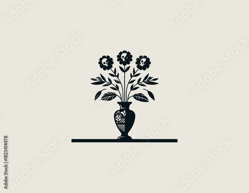 Stylized black and white vector graphic of a patterned vase holding a striking bouquet of leafy plants creatively topped with decorative skull flowers. Mexican Dia de Muertos concept