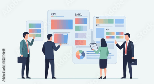 Business people analyzing KPI dashboard on large floating screens