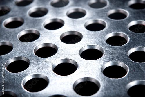 Close-up view of a textured metal plate with perforated holes in industrial design Generative AI