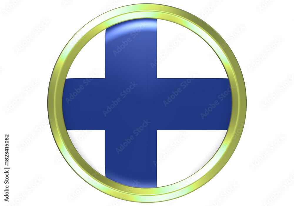 Fototapeta premium Glossy 3D Finland Flag Button in a Golden Circle - National Symbol and Patriotic Emblem on White