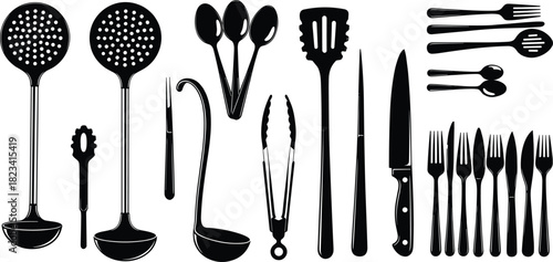 Collection of black kitchen utensil silhouettes including ladles spoons knives forks and tongs isolated on white for cooking design.
