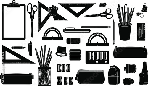 Collection of black school stationery silhouettes containing pencils rulers scissors and office supplies isolated on white for educational design.
