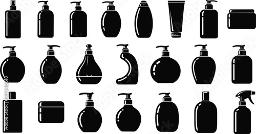 Cosmetic Bottle Silhouette Set, Liquid Soap Shampoo and Cream Container Vector Icons Collection