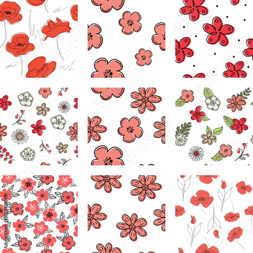 A set of simple floral seamless patterns. A collection of hand-drawn pink and red poppies.