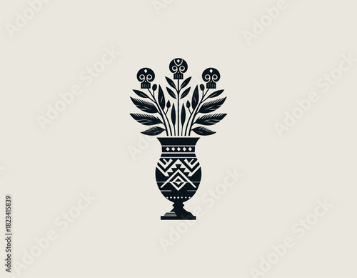 Stylized black and white vector graphic of a patterned vase holding a striking bouquet of leafy plants creatively topped with decorative skull flowers. Mexican Dia de Muertos concept